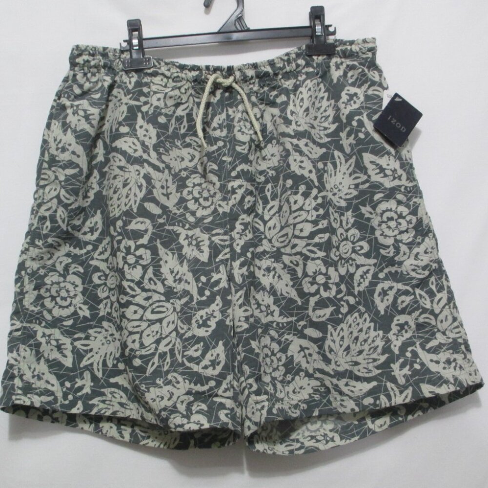 NWT Izod Mens XL Swim Trunks Shorts Gray Floral Key Pocket NEW